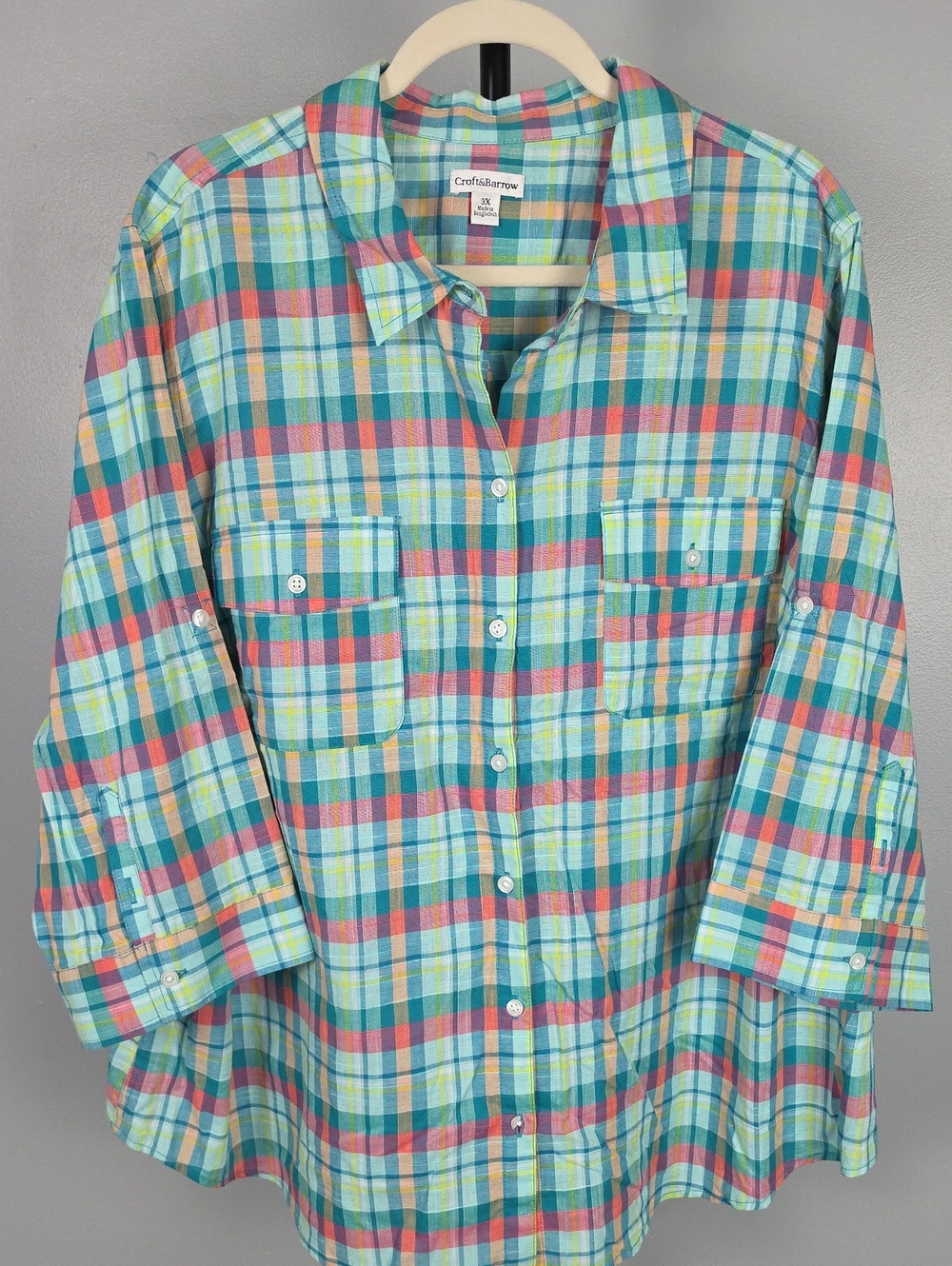 Croft&Barrow Womens 3X Plaid Button Down Shirt 3/4 Roll Tab Sleeve Teal Coral